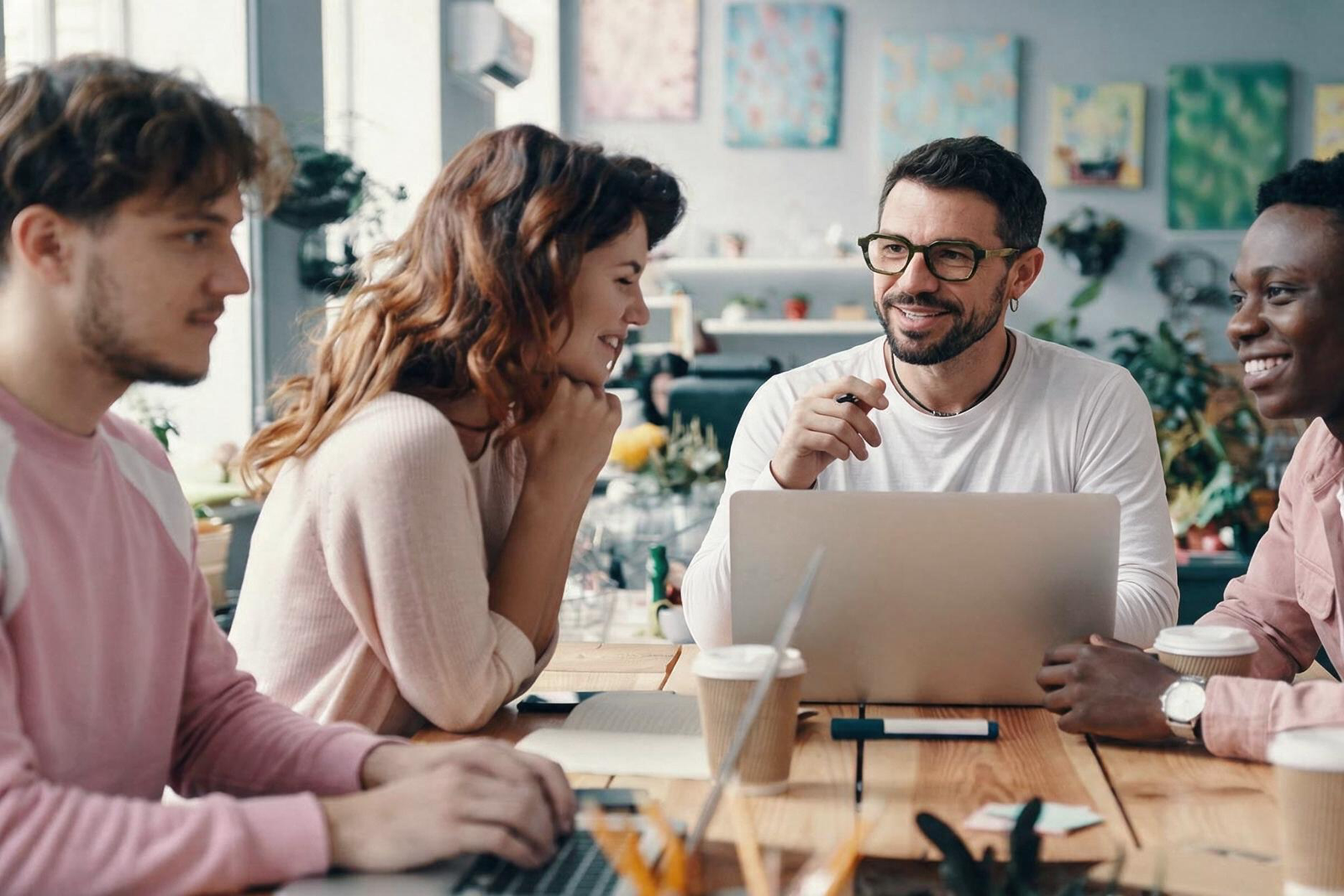 Équipe réunie autour d'un ordinateur portable pour un projet web