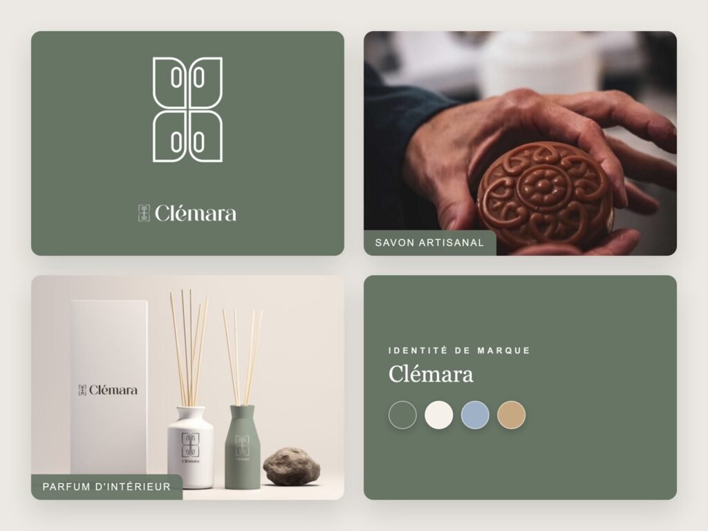 Muted green rounded tile displaying the white Clémara logo and brand name on a calm, minimal background.