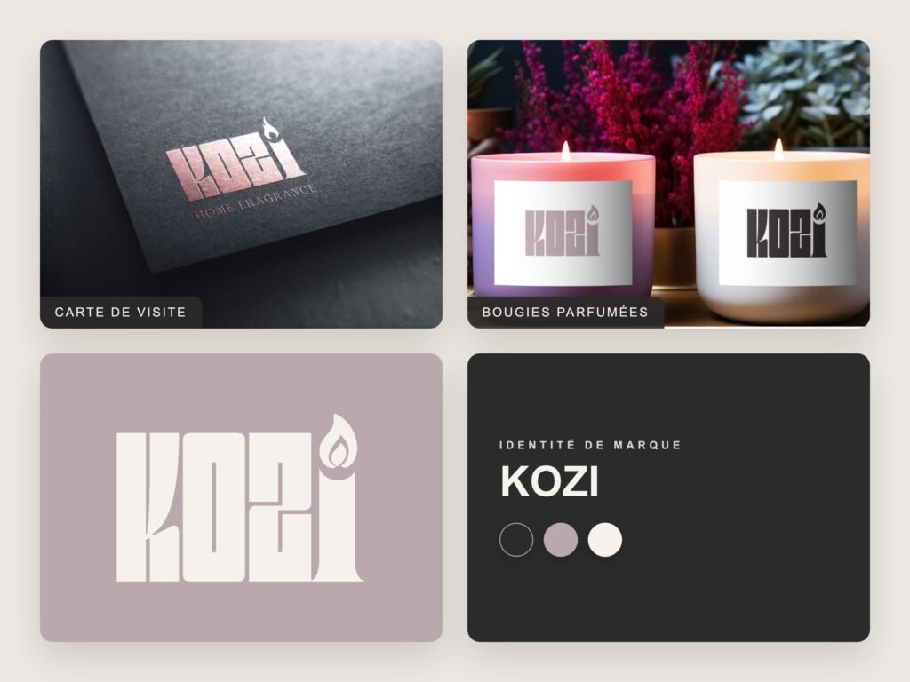 Grid of six brand cards showing the KOZI logo with a candle icon in dark, light, and muted colors.