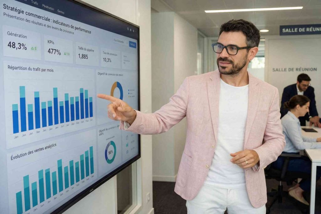 Consultant présentant un tableau de bord de résultats marketing sur grand écran